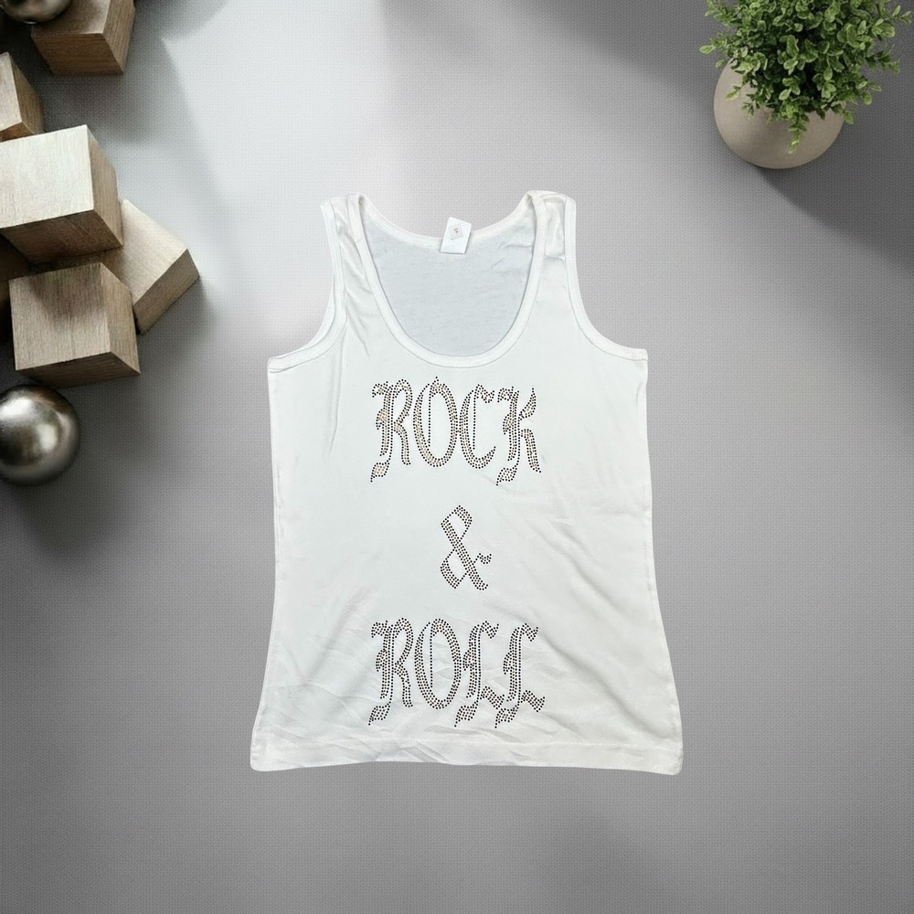 Vintage Y2K Rock & Roll Rhinestone Tank Top White Sleeveless Graphic Tee Large